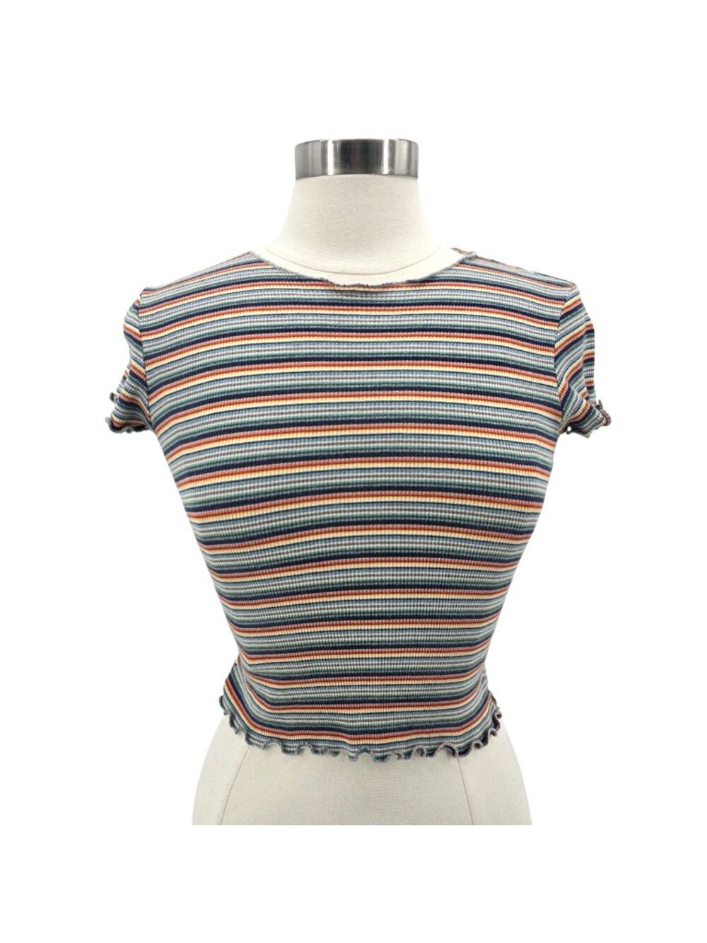 Brandy Melville Womens One Size Top Rainbow Striped Fitted Cropped Baby Doll Tee